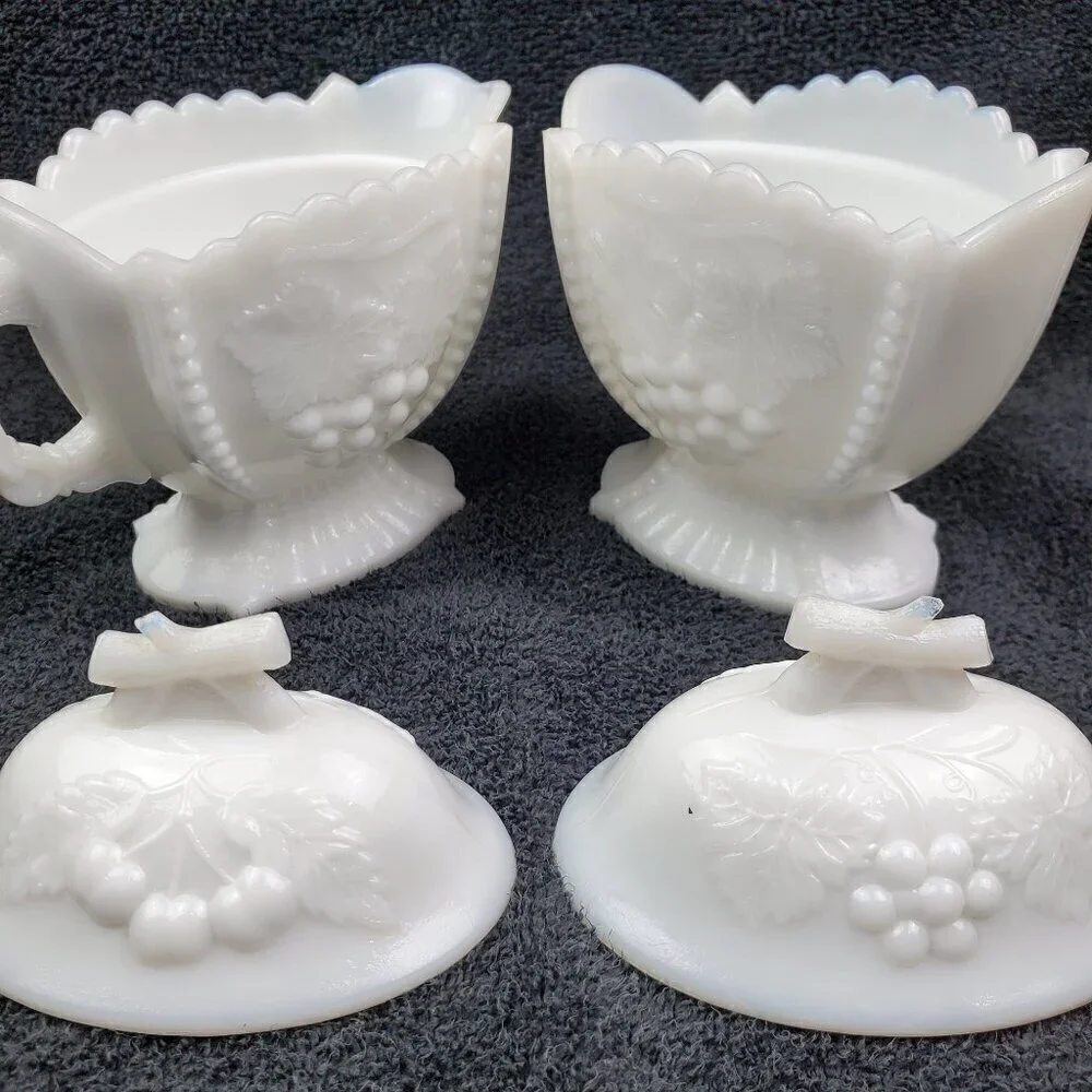 Westmoreland Milk Glass Creamer and Sugar Set Lidded Vintage “Cherry & Grape”